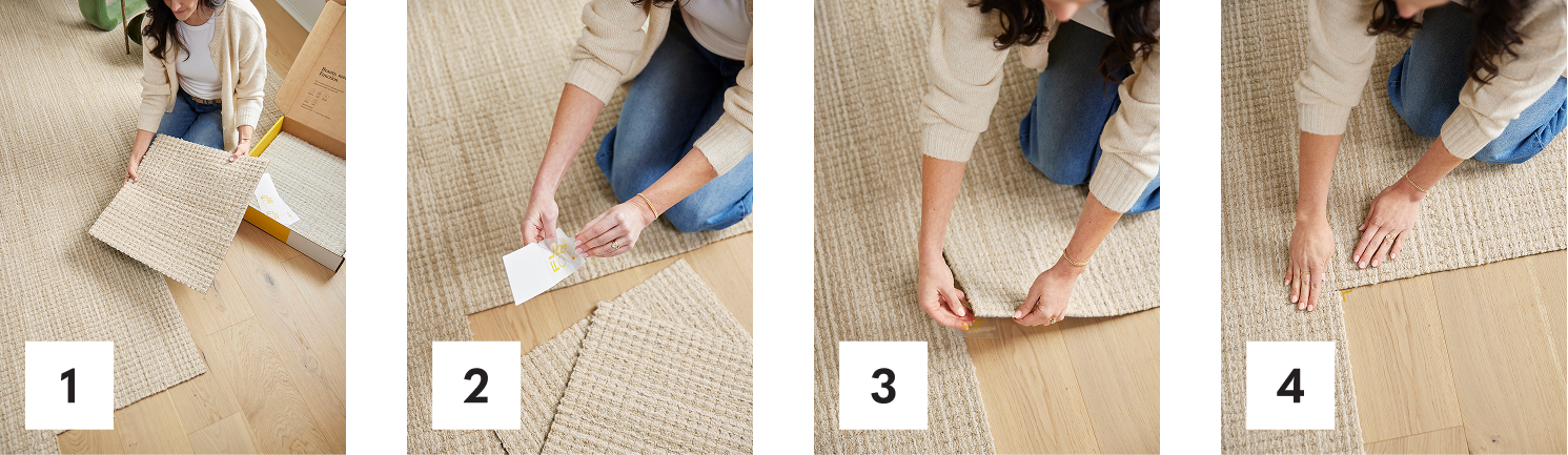 Steps 1 through 4 showing how to install FLOR tiles
