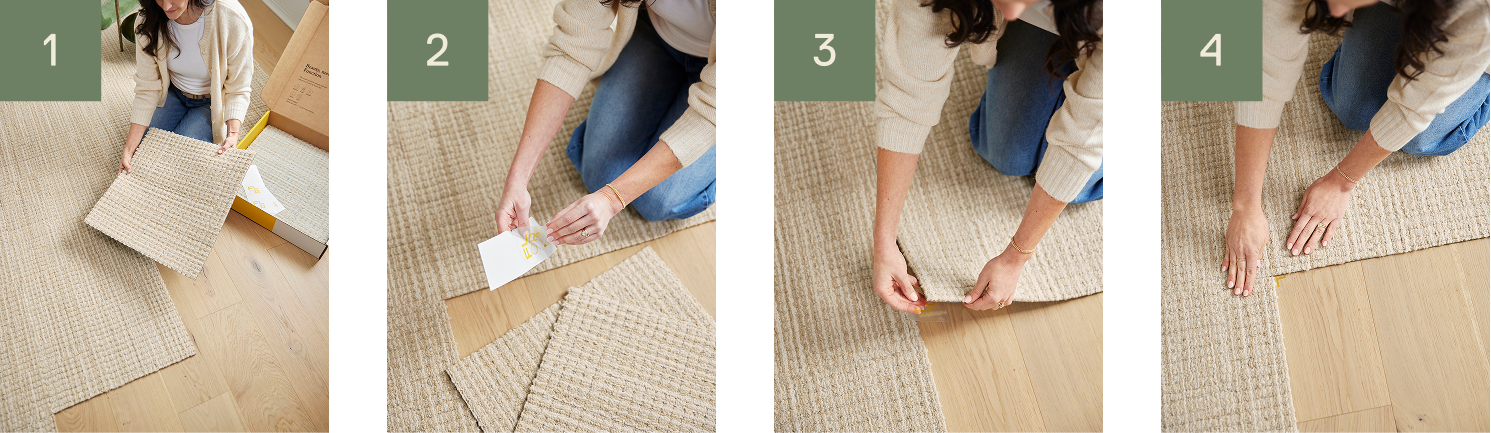 Steps 1 through 4 showing how to install FLOR tiles