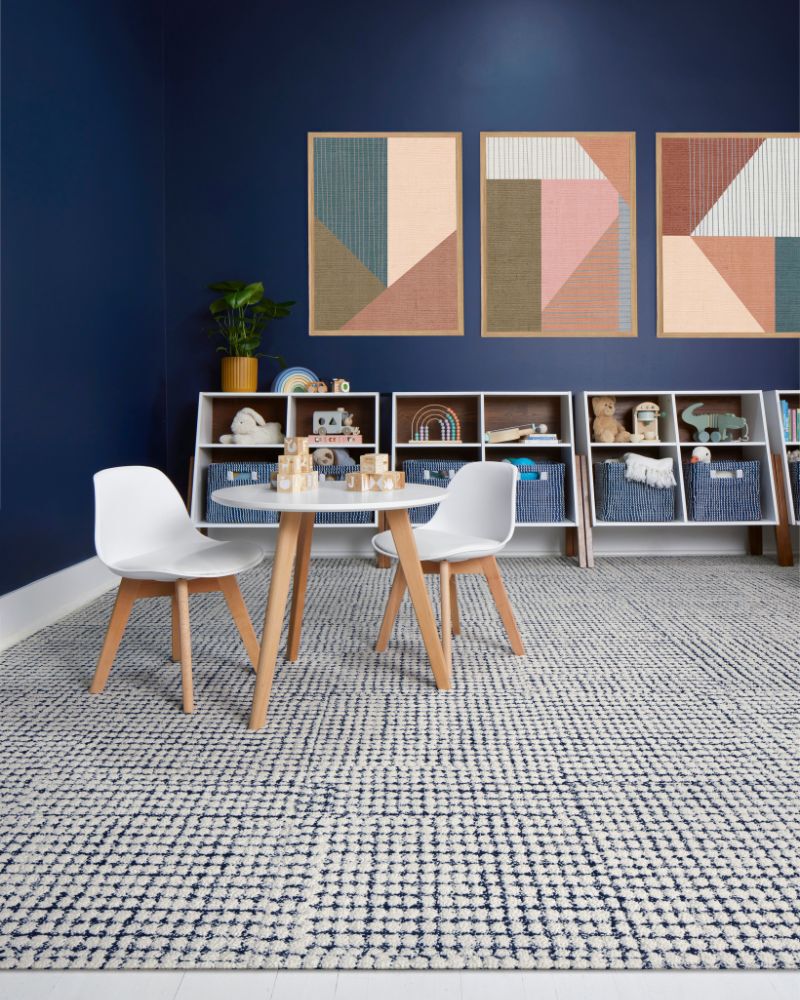 Why FLOR page, showing a lifestyle image of Penny For Your Thoughts shown in Navy