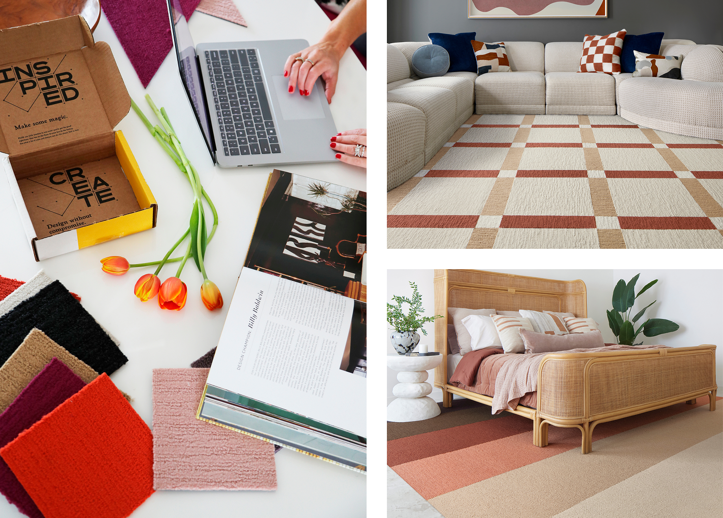 Collage of three photos: 1. table top view of designer at desk using computer with FLOR Made You Look carpet tile swatches in red and pink hues, with flowers, and books; 2. living room of FLOR Signature Rug Boxed In shown in Bone; 3. bedroom with FLOR Made You Look custom rug in Bark, Mahogany, Spice, Tawny, Eggnog, Pearl.