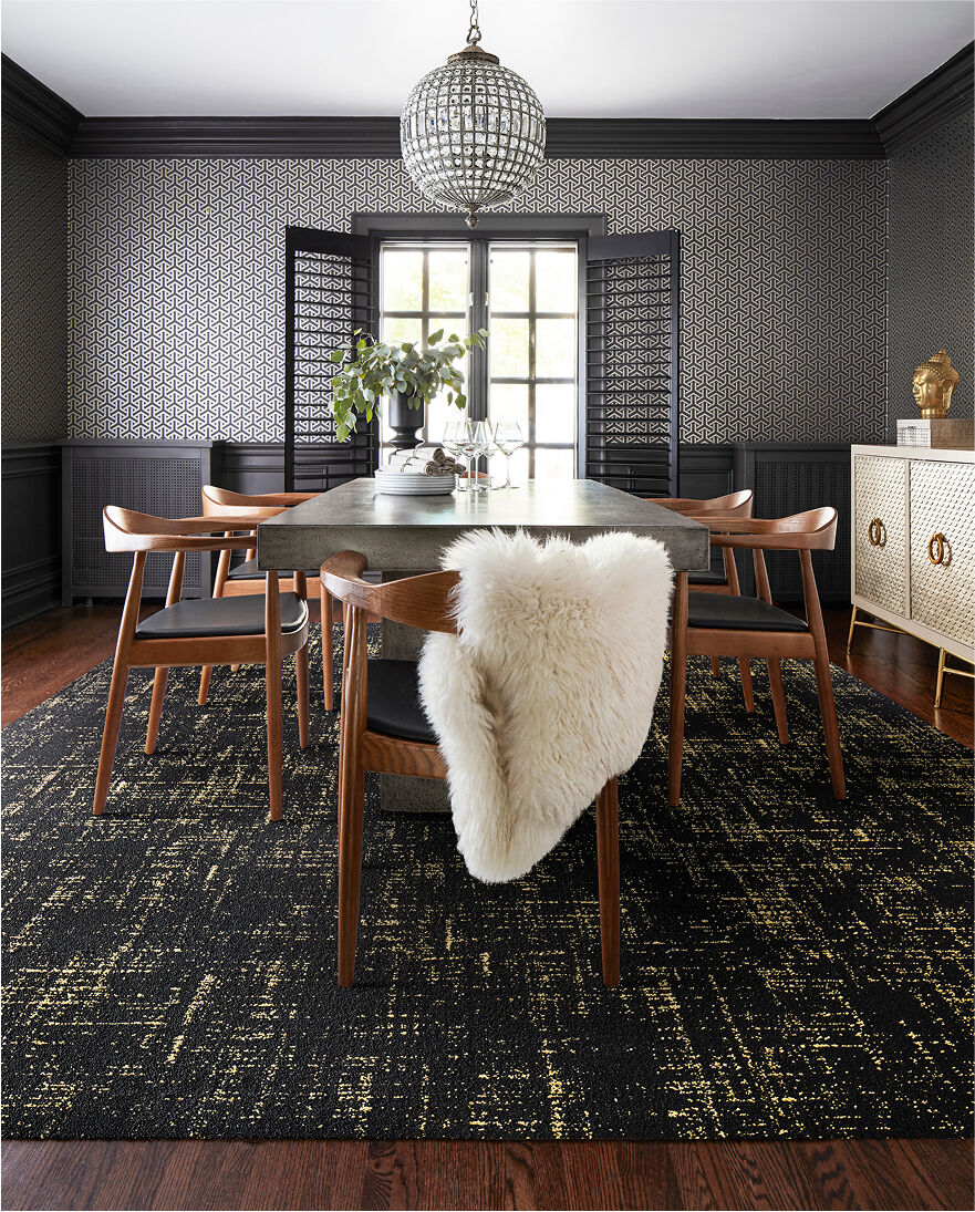 Dining Room with FLOR Tuxedo Pocket area rug shown in Black Gold